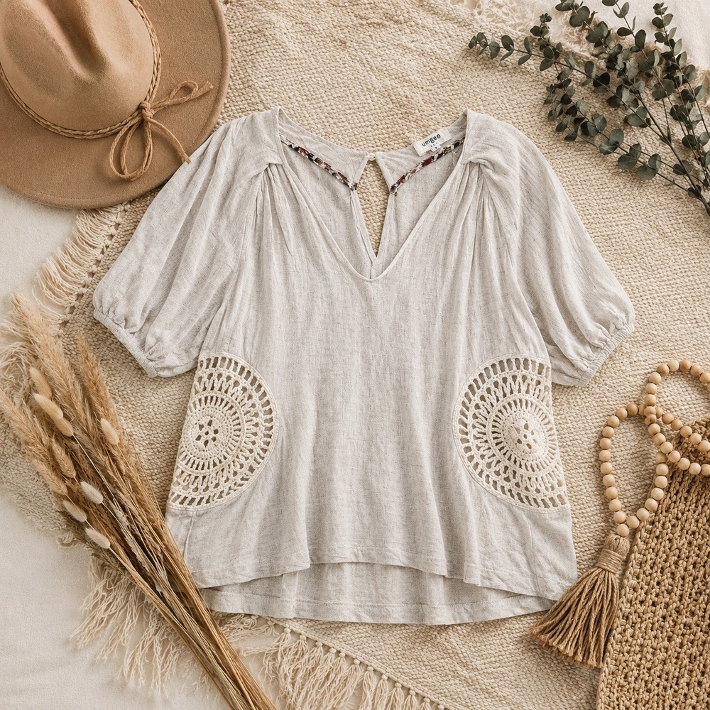 Umgee Linen Blend Crochet Side Panel Puff Sleeve Boho Top M